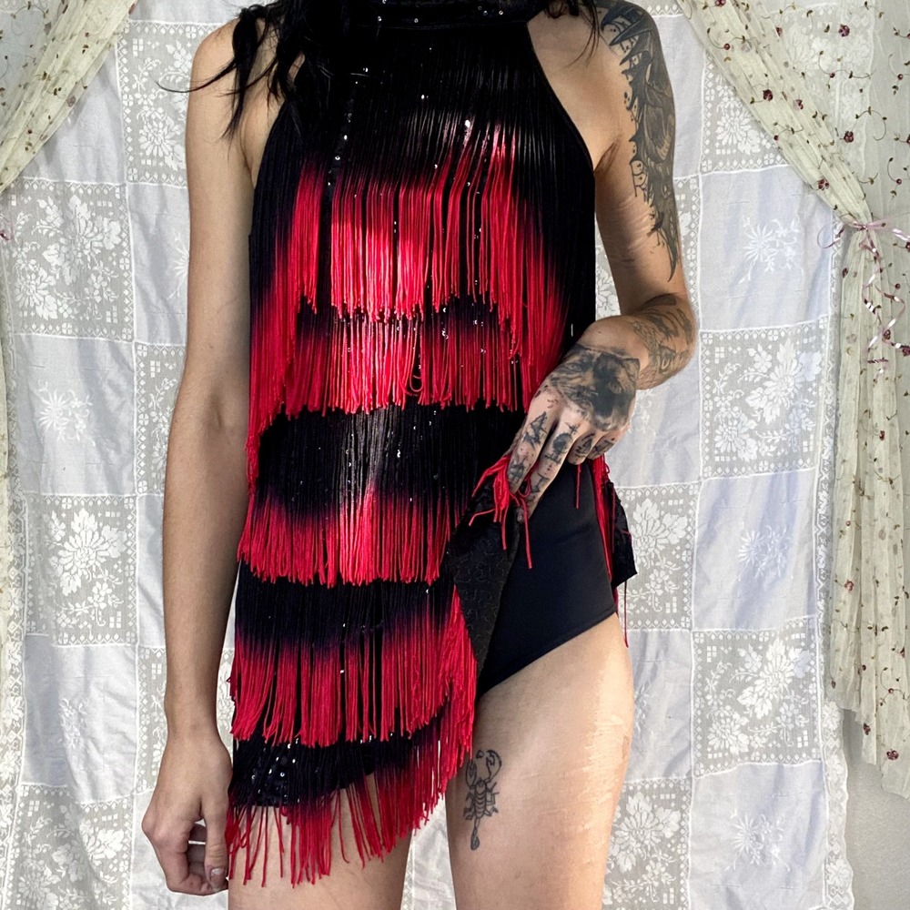 Red Black Ombre Fringe Flapper Dress Sequin Halter Gatsby Latin Dance Sz S/M - Picture 13 of 15